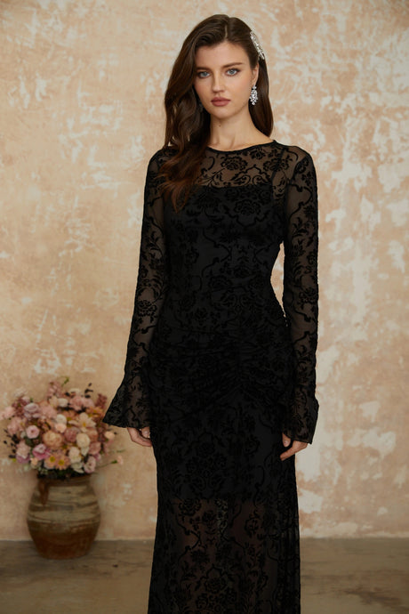Dahlia Maxi Dress Black Flocked Floral Ruched