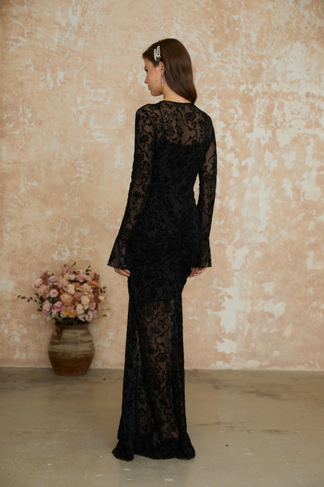 Dahlia Maxi Dress Black Flocked Floral Ruched