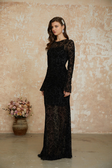 Dahlia Maxi Dress Black Flocked Floral Ruched