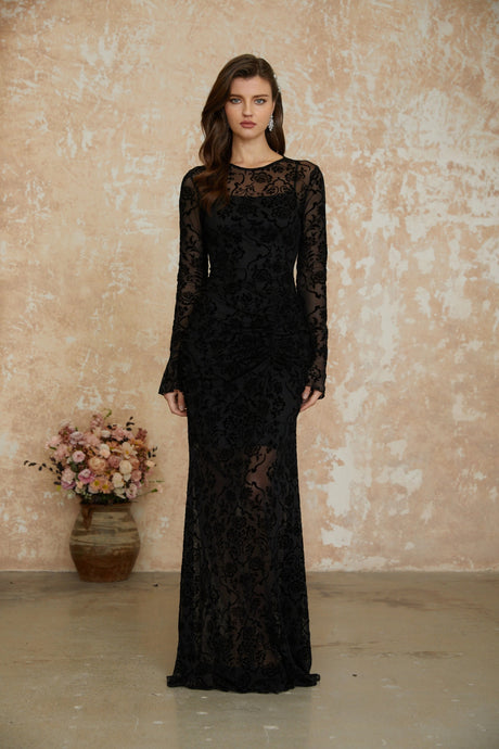 Dahlia Maxi Dress Black Flocked Floral Ruched
