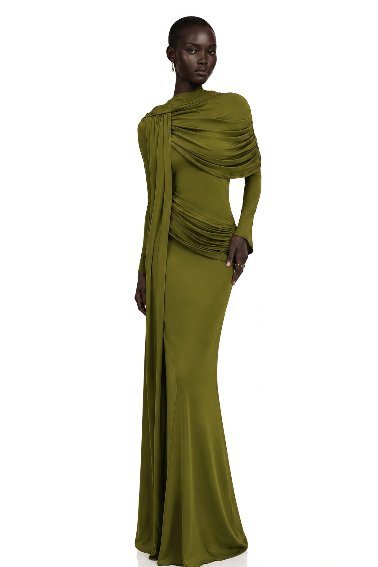 Kjersti Green Asymmetrical Ruched Maxi Dress