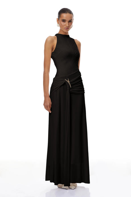 Rosetta Maxi Dress Black Ruched Ribbon Textured