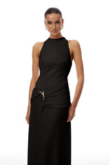 Klara Black Ruched Ribbon Textured Maxi Dress