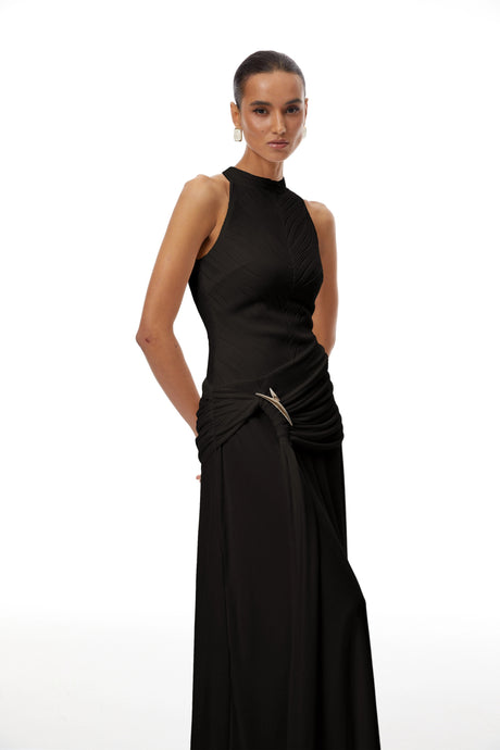 Rosetta Maxi Dress Black Ruched Ribbon Textured