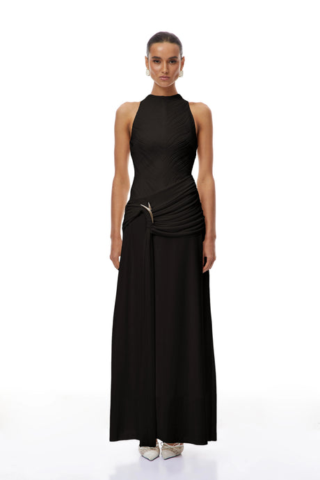 Rosetta Maxi Dress Black Ruched Ribbon Textured