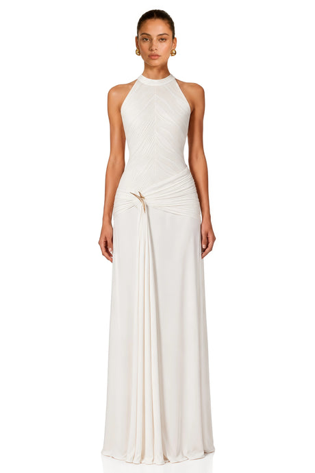 Rebecca Maxi Dress White Ruched Ribbon Textured