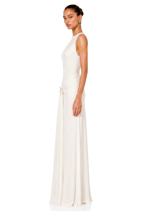 Rebecca Maxi Dress White Ruched Ribbon Textured