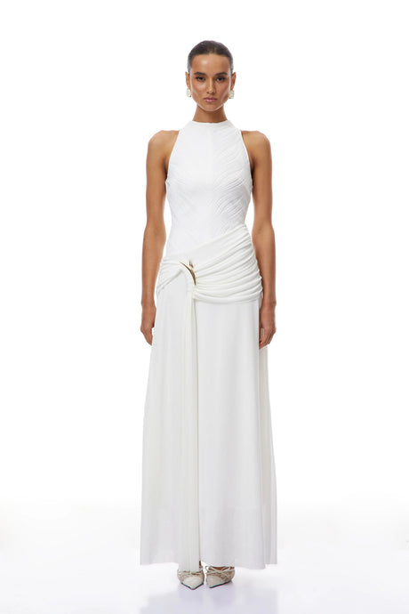 Aliyah Maxi Dress White Ruched Ribbon Textured