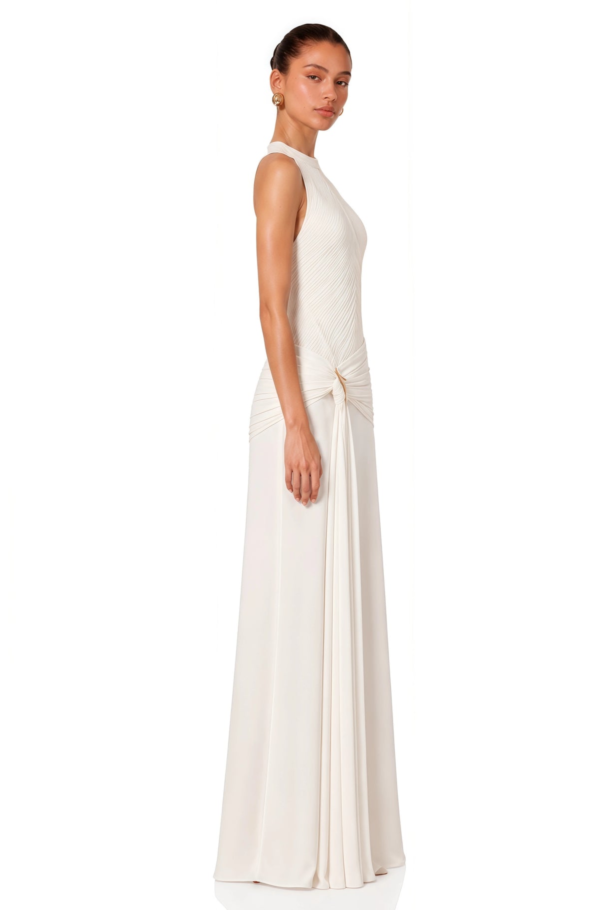 Klara White Ruched Ribbon Textured Maxi Dress
