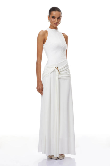 Aliyah Maxi Dress White Ruched Ribbon Textured