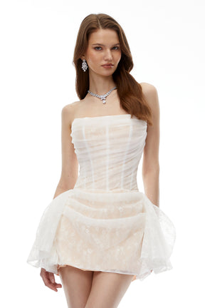Krasava White Floral Lace Ruched Mini Dress