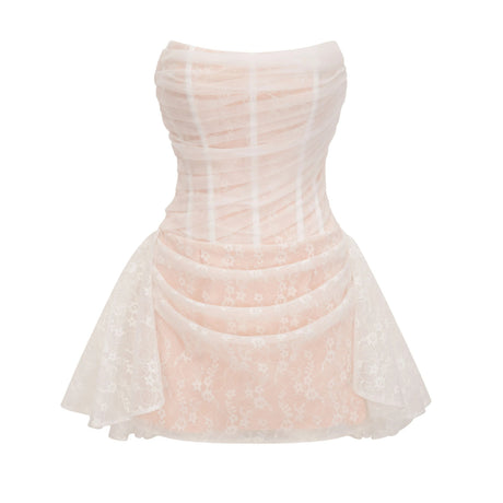 Sabrina Mini Dress White Floral Lace Ruched