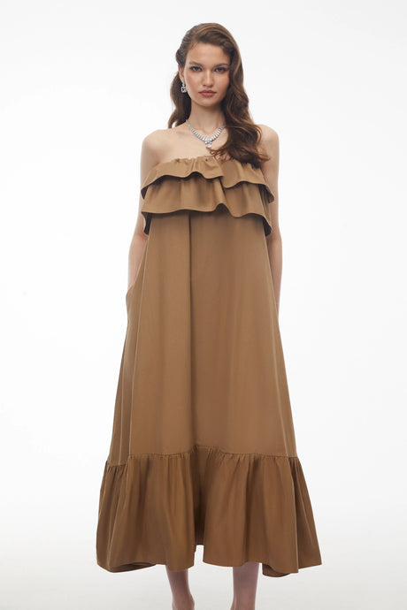 Veronika Midi Dress Camel Tiered Ruffled