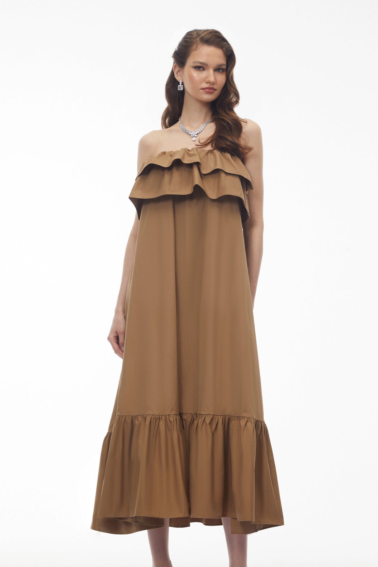 Laelia Camel Tiered Ruffled Midi Dress