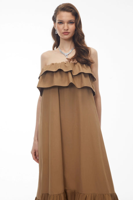 Veronika Midi Dress Camel Tiered Ruffled