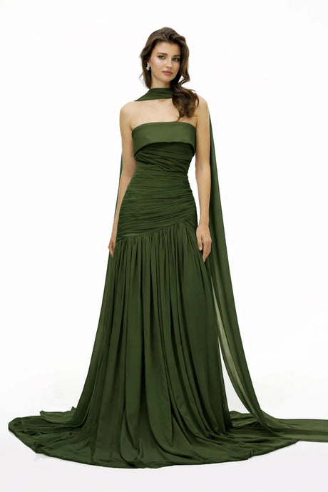 Zaria Maxi Dress Green Pleated Train Ruched