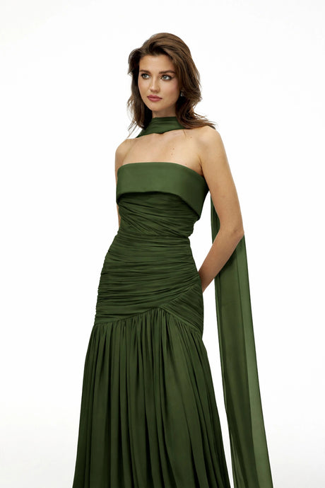 Zaria Maxi Dress Green Pleated Train Ruched