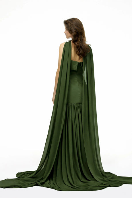 Zaria Maxi Dress Green Pleated Train Ruched