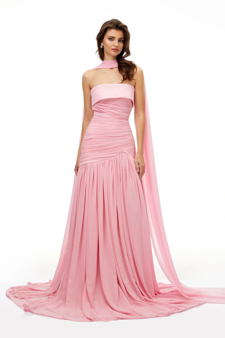 Oakley Maxi Dress Pink Pleated Train Ruched