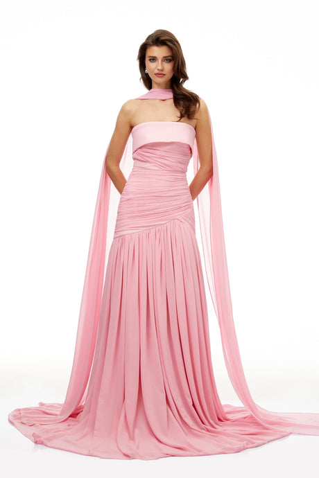 Oakley Maxi Dress Pink Pleated Train Ruched