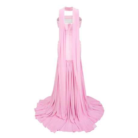 Laetitia Pink Pleated Train Ruched Maxi Dress