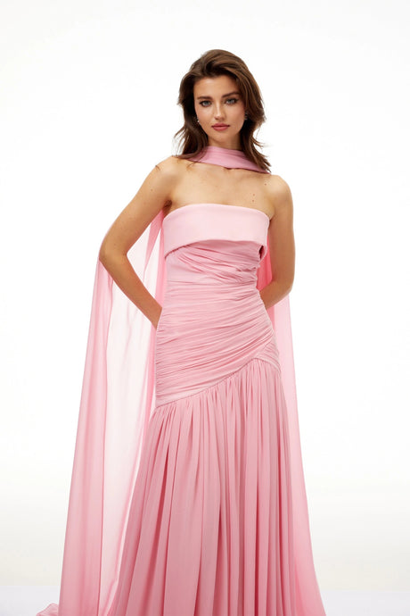 Oakley Maxi Dress Pink Pleated Train Ruched
