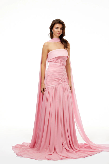 Oakley Maxi Dress Pink Pleated Train Ruched