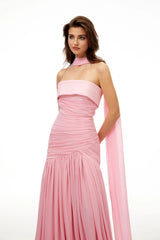Laetitia Pink Pleated Train Ruched Maxi Dress