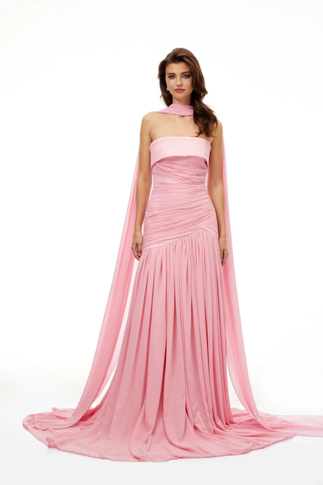 Oakley Maxi Dress Pink Pleated Train Ruched