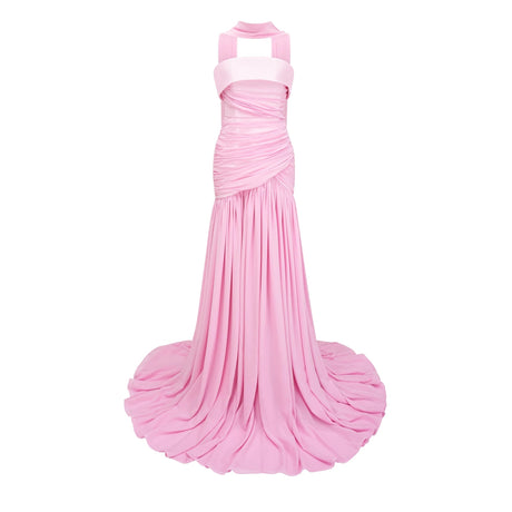 Oakley Maxi Dress Pink Pleated Train Ruched