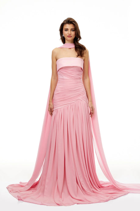 Oakley Maxi Dress Pink Pleated Train Ruched