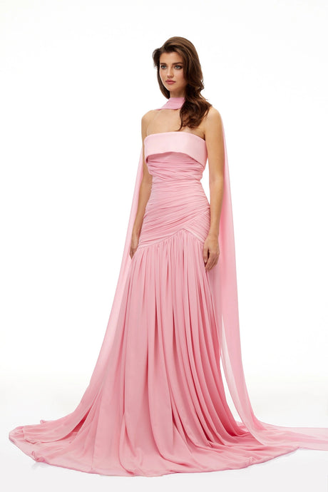 Oakley Maxi Dress Pink Pleated Train Ruched
