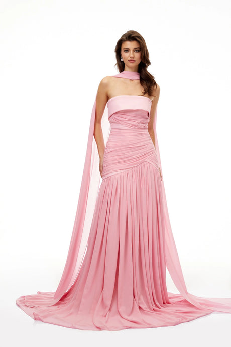 Oakley Maxi Dress Pink Pleated Train Ruched