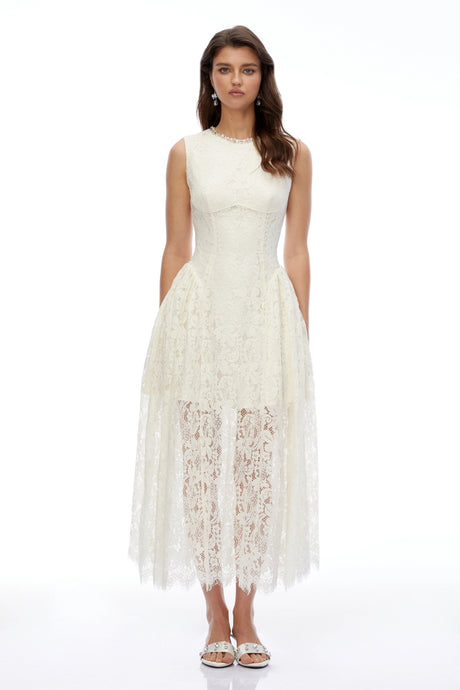 Josephine Maxi Dress Cream Lace Sleeveless Ruched