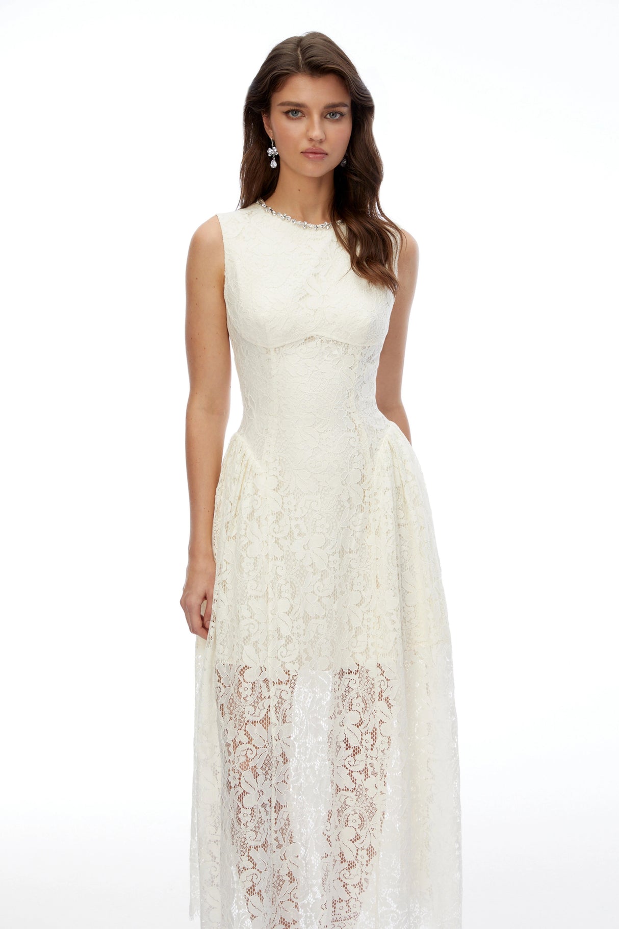 Laia Cream Lace Sleeveless Ruched Maxi Dress