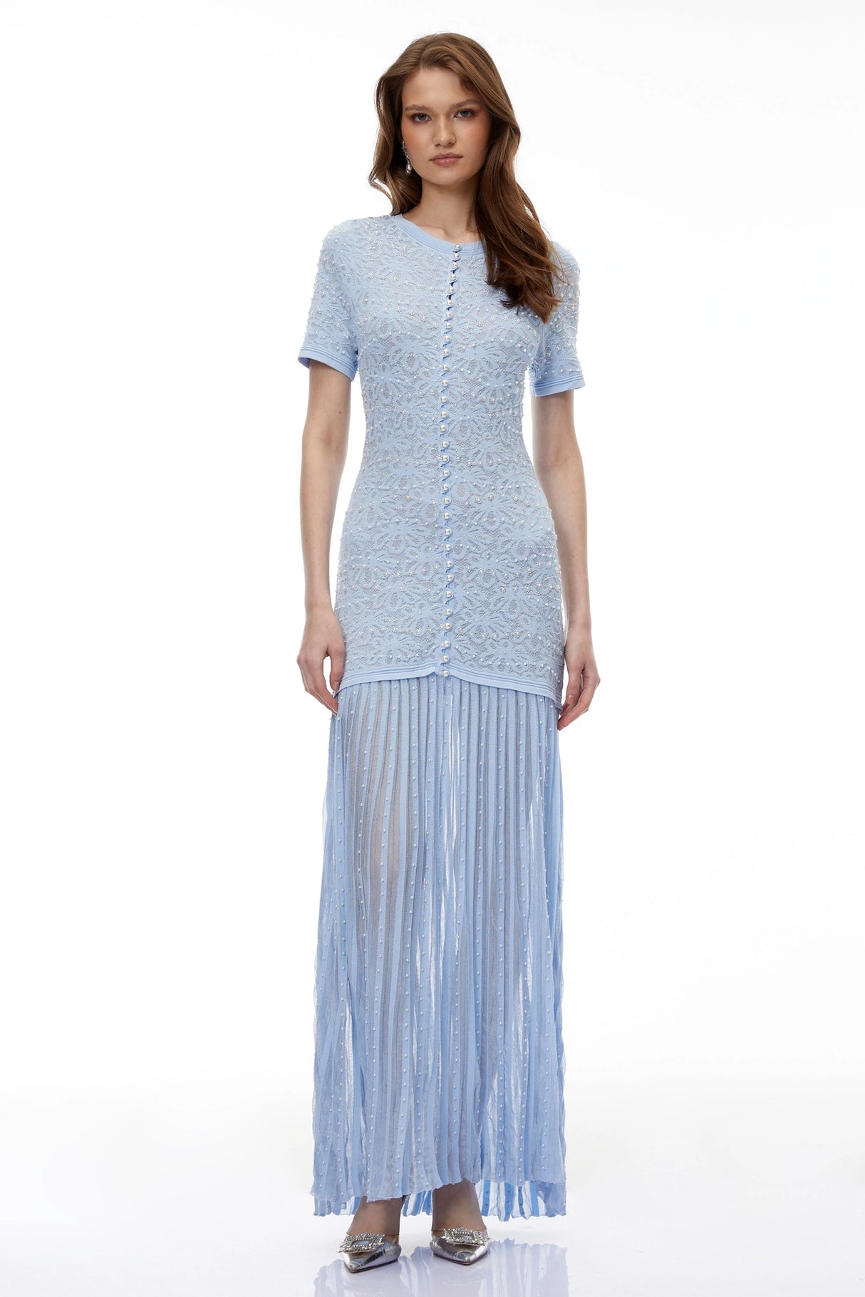 Laleh Blue Embellished Pleated Maxi Dress