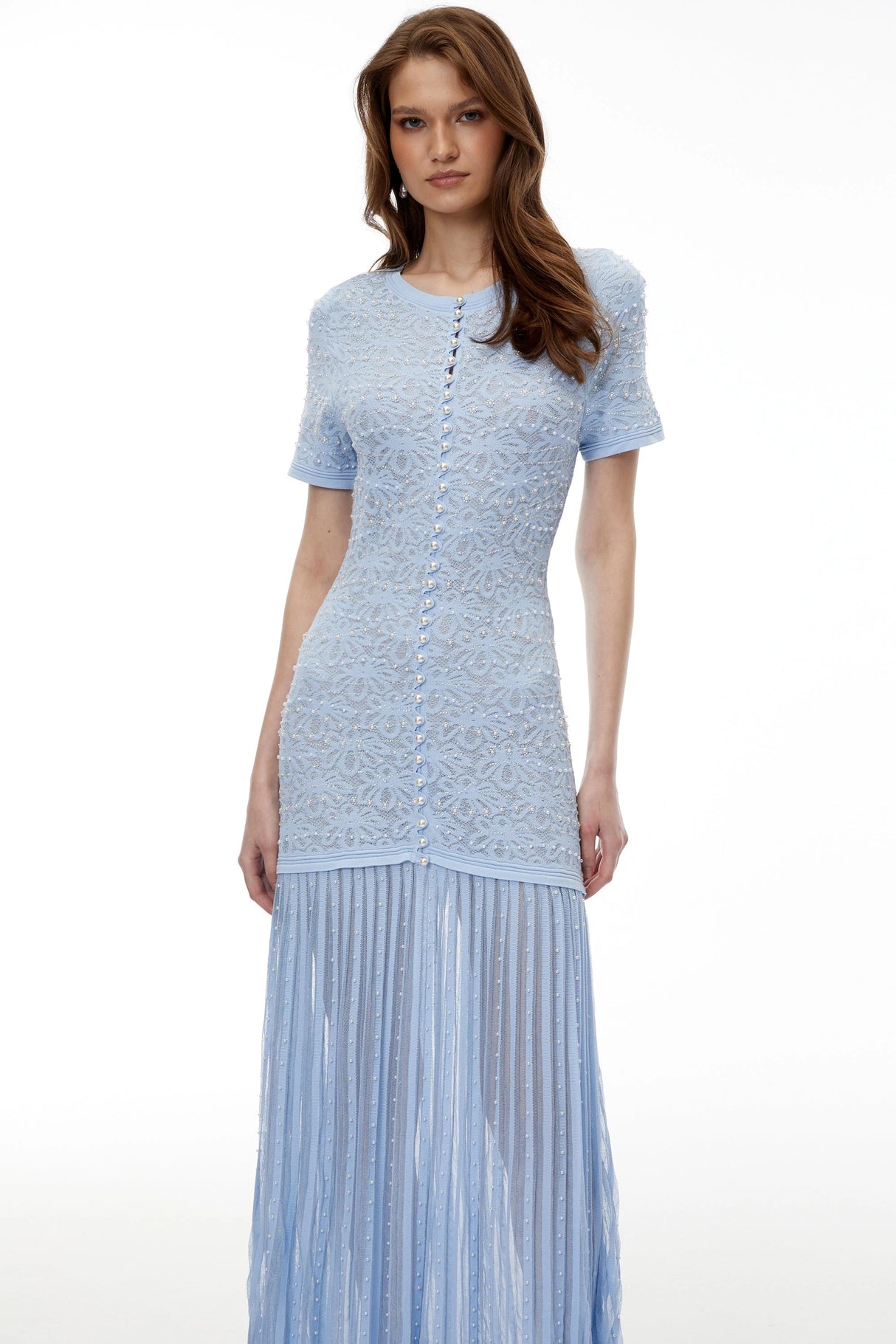 Laleh Blue Embellished Pleated Maxi Dress