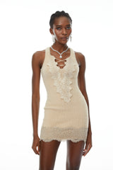 Larisa Neutral Lace Panel Knit Mini Dress
