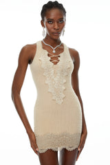 Larisa Neutral Lace Panel Knit Mini Dress