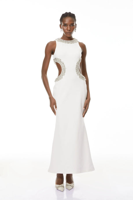 Valerie White Embellished Cut-Out Maxi Gown