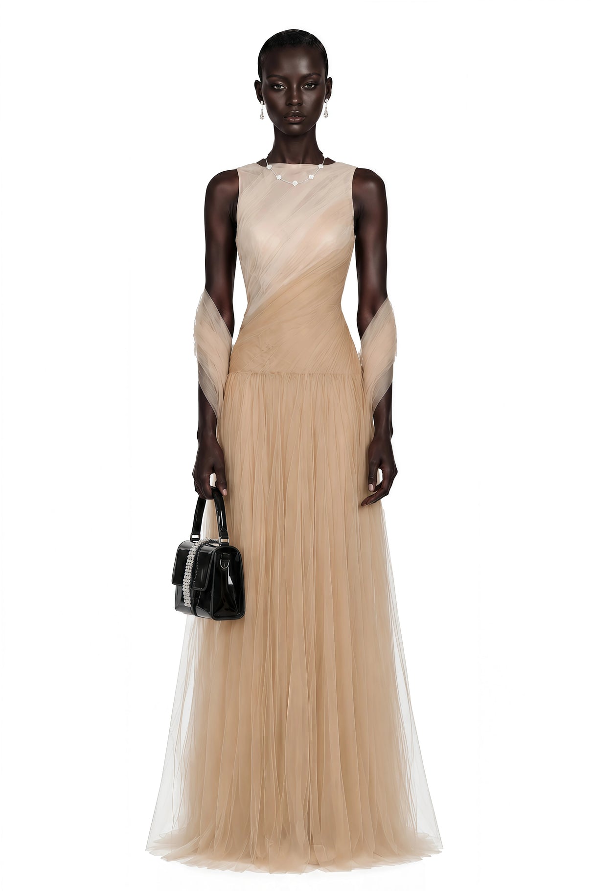 Larissa Champagne Sleeveless Maxi Dress with Mesh Panels Without Shawl