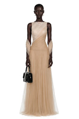 Larissa Champagne Sleeveless Maxi Dress with Mesh Panels Without Shawl