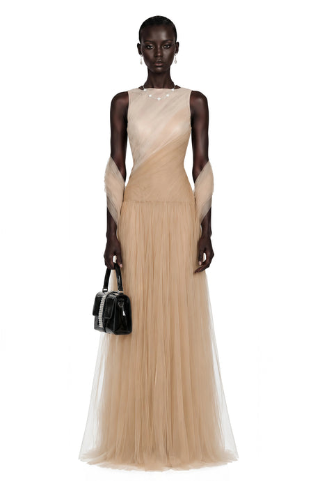 Natasha Maxi Dress Champagne Sleeveless with Mesh Panels (Without Shawl)