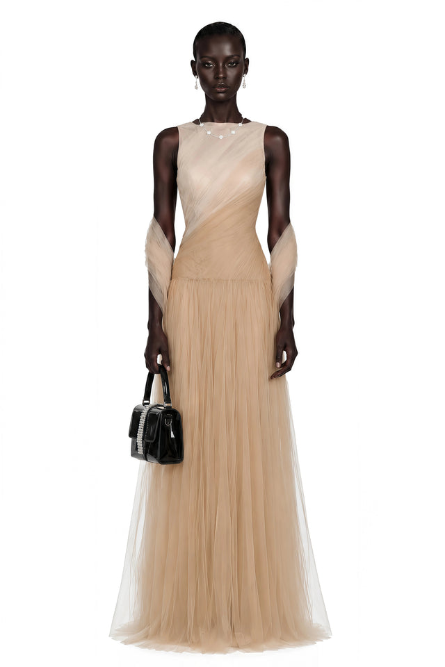 Larissa Champagne Sleeveless Maxi Dress with Mesh Panels Without Shawl