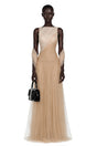 Larissa Champagne Sleeveless Maxi Dress with Mesh Panels Without Shawl