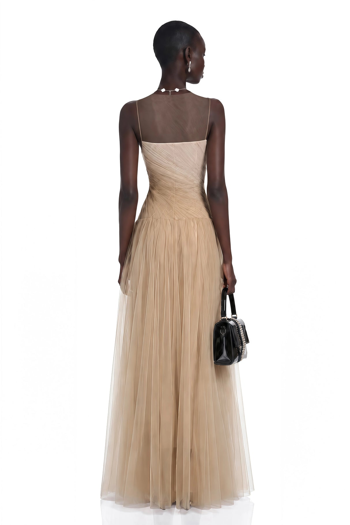 Larissa Champagne Sleeveless Maxi Dress with Mesh Panels Without Shawl
