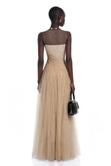 Larissa Champagne Sleeveless Maxi Dress with Mesh Panels Without Shawl