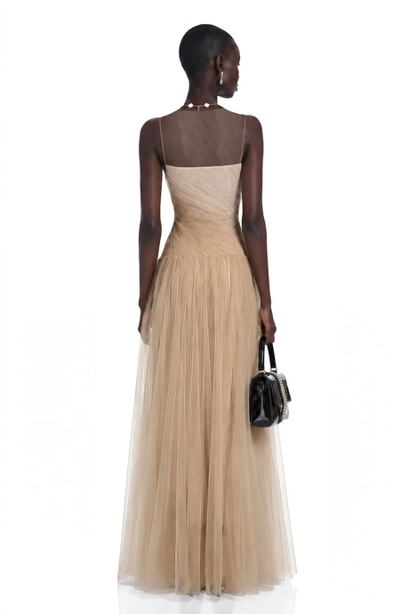 Natasha Maxi Dress Champagne Sleeveless with Mesh Panels (Without Shawl)