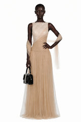 Larissa Champagne Sleeveless Maxi Dress with Mesh Panels Without Shawl