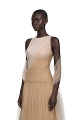 Larissa Champagne Sleeveless Maxi Dress with Mesh Panels Without Shawl